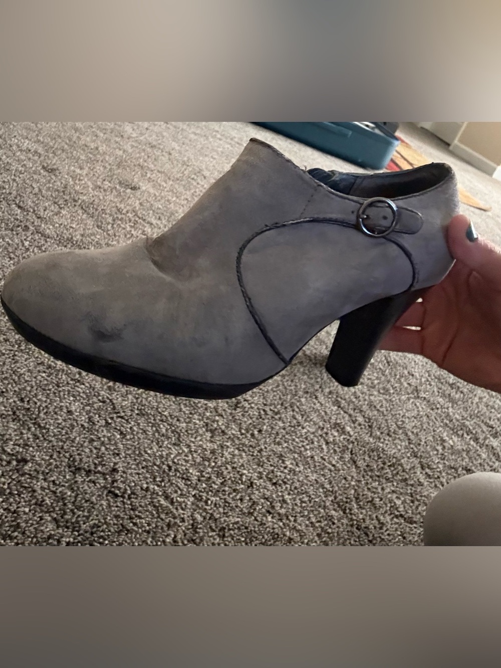 Women's Gray Suede Heeled Ankle Booties with Buckle Detail